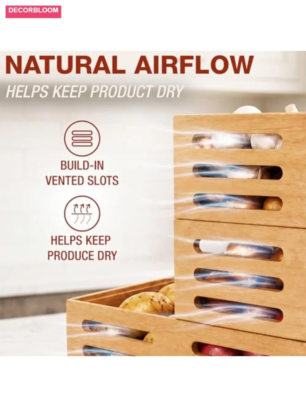 Stackable Solid Wood Storage Bins Pantry Countertop Produce Organizer
